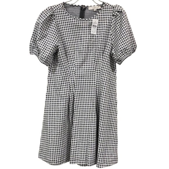 LOFT NWT Gingham Preppy Puff-Sleeve A-Line Dress 6 — Black/White Textured Knit - Picture 1 of 5
